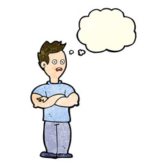 cartoon man with crossed arms with thought bubble