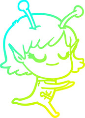 cold gradient line drawing of a smiling alien girl cartoon running