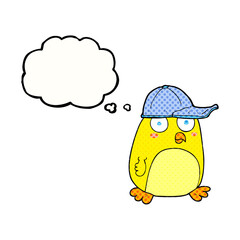freehand drawn thought bubble cartoon bird in cap