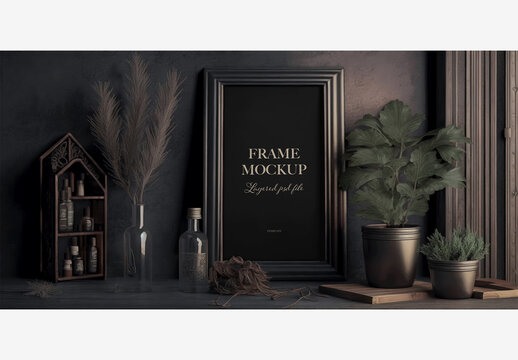 Stylish And Cozy Dark Room With Picture Frame, Plants, And Decorative Accents For Sale On Stock Photo Websites Frame Mockup Template Generative AI
