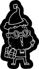 quirky cartoon icon of a joyful man with beard and parcel under arm wearing santa hat