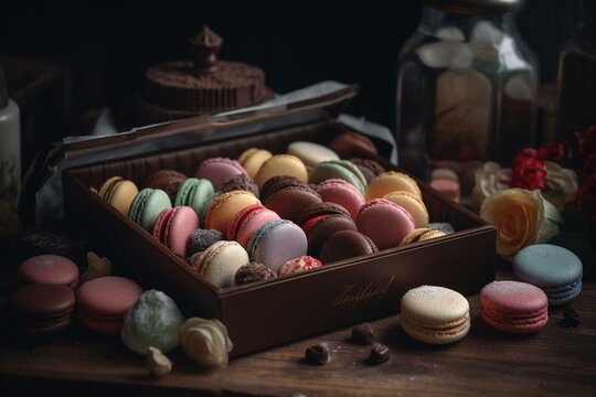 Indulgent Treats: A Scrumptious Mix Of Macarons And Chocolates To Spoil Mom On Her Special Day. Generative AI