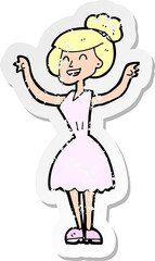 retro distressed sticker of a cartoon woman with raised arms