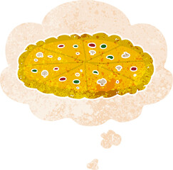 cartoon pizza with thought bubble in grunge distressed retro textured style