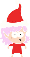 hand drawn flat color illustration of a elf girl staring wearing santa hat