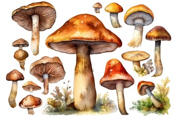 A set of edible mushrooms in watercolor drawings. Generative AI
