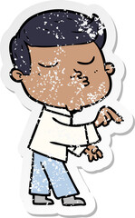 distressed sticker of a cartoon model guy pouting