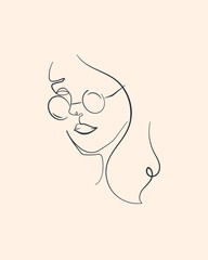 Minimalistic black linear women portrait in glasses on light background. Women beauty line art portrait concept design.