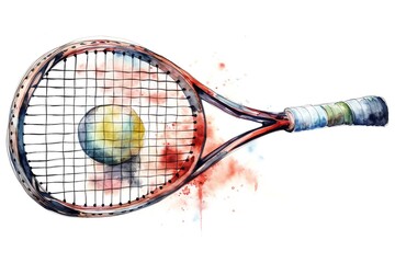 A white background with a tennis racquet sketch in watercolor. Generative AI