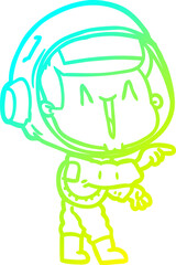 cold gradient line drawing of a happy cartoon astronaut pointing