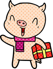 happy cartoon pig with xmas present