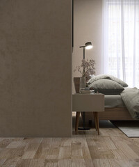 Blank beige brown wall in modern, luxury bedroom in sunlight from window blinds, wooden bed, gray blanket, pillow, bedside table on parquet floor for interior design decoration, product background 3D