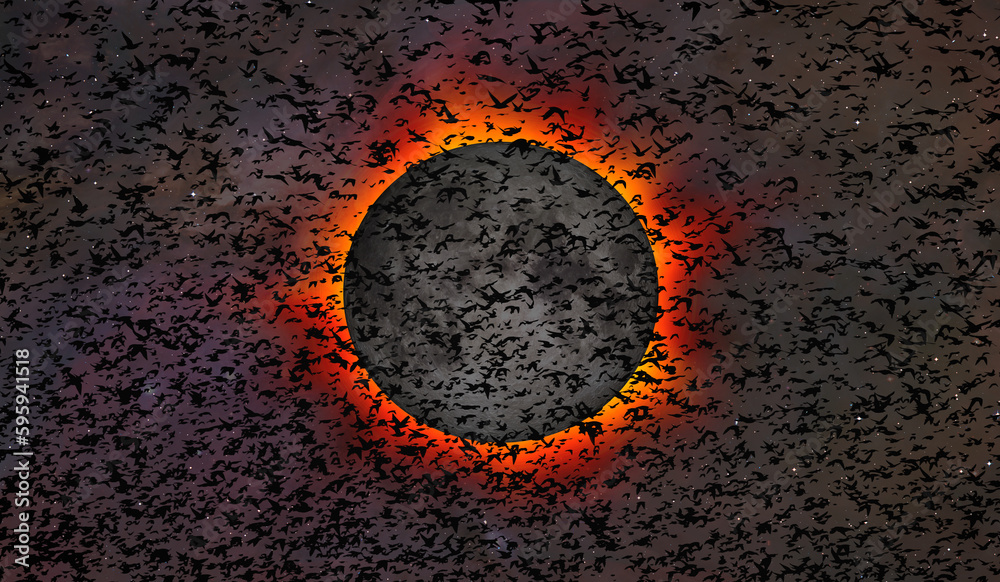 Poster beautiful large flock of starlings - the natural phenomenon - solar eclipse 