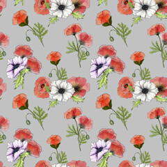 Poppy seamless pattern. Watercolor pattern with red wild poppy and anemone flowers. Hand drawn bright summer illustration. Design for textiles, wallpaper, wrapping paper.