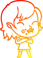 warm gradient line drawing of a cartoon vampire girl with blood on cheek