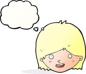 cartoon happy female face with thought bubble