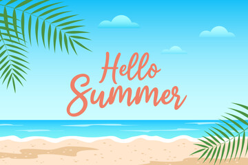 Fototapeta na wymiar Sea landscape with lettering Hello Summer. Flat vector illustration