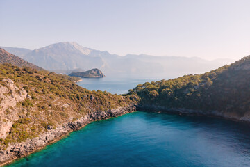 Panorama of beautiful coast of Aegean sea at sunny day. Aerial view