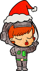 hand drawn textured cartoon of a pretty astronaut girl wearing santa hat