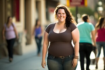 Fototapeta premium A young and obese woman smiles naively, wears a tight tank top with a wide neckline. Ai generated.