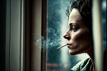 Fototapeta premium A thin woman with a tired face smokes a cigarette, in profile at night. Ai generated