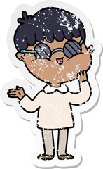 distressed sticker of a cartoon boy wearing spectacles