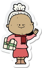 sticker of a cartoon happy old woman