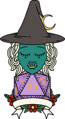 Retro Tattoo Style half orc witch character with natural 20 dice roll