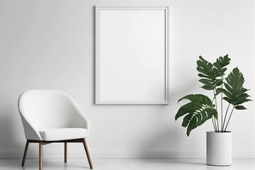 Design of a living room with two modern chairs and a white wall, and an empty frame. Ai generated.