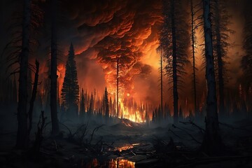 Flames in a night forest fire. Ai generated.