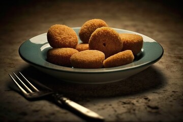 Hot and juicy chicken nuggets and croquettes. Ai generated.