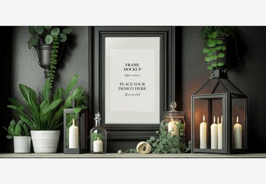 Stylish Mantle Decor With Candles, Plants, Mirrors, And A Black Wall - Elevate Your Interior Design With This White Shelf And Candle Holder Frame Mockup Template Generative AI