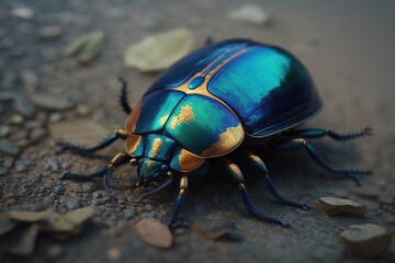Purple beetle on the ground. Ai generated.