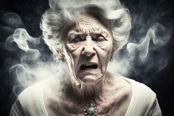 Portrait of an old woman with gestures of pain and distress at her menopause. Ai generated.