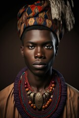 Obraz premium Studio portrait of a young African man dressed in traditional folk clothing. Ai generated.