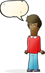 cartoon bored man shrugging shoulders with speech bubble
