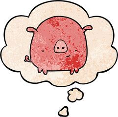 cartoon pig with thought bubble in grunge texture style
