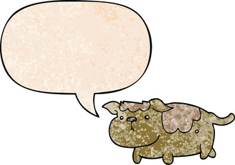 cartoon dog with speech bubble in retro texture style