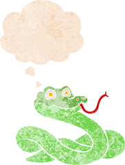 cartoon snake with thought bubble in grunge distressed retro textured style