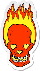sticker of a cartoon flaming skull with love heart eyes