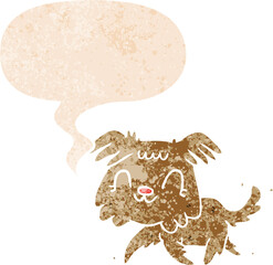 cartoon dog with speech bubble in grunge distressed retro textured style