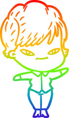 rainbow gradient line drawing of a cartoon happy woman