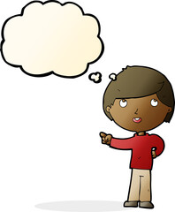 cartoon boy pointing with thought bubble