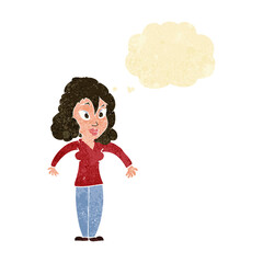 cartoon woman shrugging shoulders with thought bubble