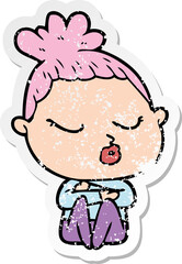 distressed sticker of a cartoon calm woman
