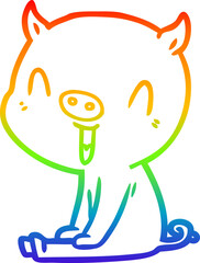 rainbow gradient line drawing of a happy cartoon pig sitting