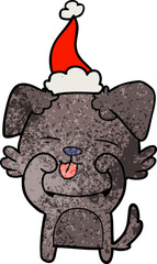 hand drawn textured cartoon of a dog rubbing eyes wearing santa hat