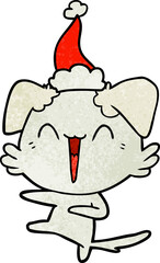 happy dancing dog hand drawn textured cartoon of a wearing santa hat