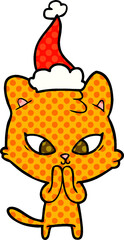 cute hand drawn comic book style illustration of a cat wearing santa hat