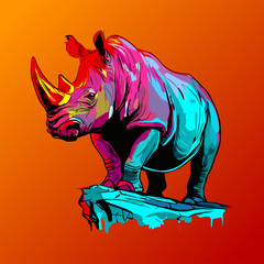 Colored vector  inked style rhinoceros wall art